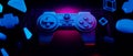 y2k 2000s gamer technology futuristic cyberpunk sci-fi display podium, floating gaming button controller joystick