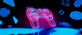 y2k 2000s gamer technology futuristic cyberpunk sci-fi display podium, floating gaming button controller joystick