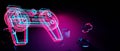 y2k 2000s gamer technology futuristic cyberpunk sci-fi display podium, floating gaming button controller joystick