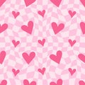 Y2k seamless pattern with hearts. Retro abstract groovy background. Pink funky vector wallpaper for Valentine day. Girly