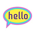 Y2K sticker in the form of a speech bubble with a colored outline and the word Hello. Text graphic element in bright acid colors.