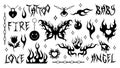 Y2k tattoo stickers. Flame and fire, chain, heart, butterfly, flower, necklace triball glamour in trendy 90s, 00s