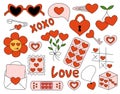 Valentine Day elements. Envelope, Cherry, Patch, Sunglasses, Hairpin, Flowers, Post Stamp Lock and key, Dice, Tic-tac-toe game Royalty Free Stock Photo