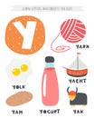 Y letter objects and animals including yam, yolk, yogurt, yak, yacht, yarn.