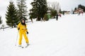 Yablunytsya, Ukraine February 2, 2019: woman in a yellow suit goes skiing, tourists of Ukraine in the village of Yablunytsya Royalty Free Stock Photo