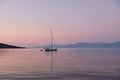 Yach Anchored in Gulf of Corinth Bay at Dawn, Greece Royalty Free Stock Photo