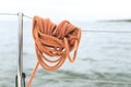 Yacht accessories, rope on the metal rope of the boat. Royalty Free Stock Photo