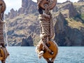 Yacht accessory. Golden Gate rock in Crimea on background