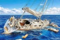 Yacht sinking in deep blue ocean waters with debris and ripples showcasing urgency Royalty Free Stock Photo