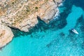 Yacht, aerial view heavenly Blue Lagoon on the island of Comino Malta Royalty Free Stock Photo