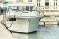 Yacht anchor close-up seen on the front of a large boat. Sailboat bow parked in harbor, yachting, sailing Royalty Free Stock Photo