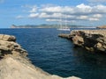 The yacht is at anchor near the shores of Ibiza, Spain