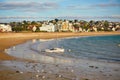 Yacht anchored on sand beach in Erquy, Brittany, France Royalty Free Stock Photo