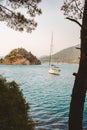 Yacht in a beautiful bay Aegean sea travel in Turkey sailing boat summer vacations