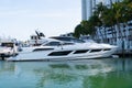 Yacht berth in Miami, USA. Luxury yachts docked at pier. Modern sea boats. Yachting and boating