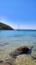 Yacht and blue water sea Paradise beach in Skyatos Royalty Free Stock Photo