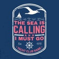 Yacht club badge. Vector. Concept for shirt, print or tee. Vintage design with sailing ship, steering hand wheel ship