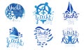 Yacht Club Logo Collection, Sailing Sports Blue Watercolor Hand Drawn Retro Badges Original Design Vector Illustration