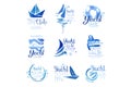 Yacht club since 1969 logo original design set, elements company logo, business identity blue watercolor vector Royalty Free Stock Photo