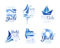 Yacht club original logo design set. Sailing sports blue watercolor labels, badges hand drawn vector illustration