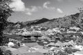 Yacht club or port with ships and boats on tropical harbor. Yachting and sailing. Luxury travel on yacht. Water Royalty Free Stock Photo