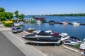 Yacht Club Prybii on Zavodska Embankment in Dnipro. Boats and yachts parked at the pier on the Royalty Free Stock Photo
