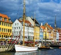 Yacht in Copenhagen sea front in summer. Nyhavn is old waterfront and canal district