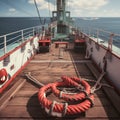 Yacht deck with lifebuoy sail, ropes and wheel. AI generative. Royalty Free Stock Photo