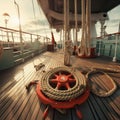 Yacht deck with lifebuoy sail, ropes and wheel. AI generative. Royalty Free Stock Photo