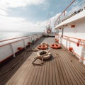 Yacht deck with lifebuoy sail, ropes and wheel. AI generative. Royalty Free Stock Photo