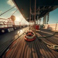 Yacht deck with lifebuoy sail, ropes and wheel. AI generative. Royalty Free Stock Photo