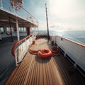 Yacht deck with lifebuoy sail, ropes and wheel. AI generative. Royalty Free Stock Photo