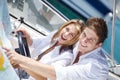 Yacht, happy and couple sailing on a boat together on luxury holiday or vacation with happiness on a date. Portrait Royalty Free Stock Photo