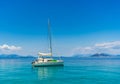 Yacht in Ionion sea with amazing background- beautiful clouds and blue sky Royalty Free Stock Photo