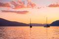 Yacht in the Kotor bay, Montenegro. Summer landscape at sunset Royalty Free Stock Photo