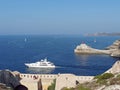 Yacht leaving Bonifacio harbor, Corsica, France