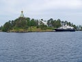 The yacht lies alongside the Nikolsky monastery. Valaam Spaso-Preobrazhensky stavropigialny monastery. Karelia Royalty Free Stock Photo