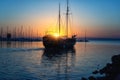 Yacht marina on Balaton lake at sunset, scenic view of the boats, sun, sky and water, outdoor travel background, Siofok, Hungary Royalty Free Stock Photo