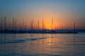 Yacht marina on Balaton lake at sunset, scenic view of the boats, sun, sky and water, outdoor travel background, Siofok, Hungary Royalty Free Stock Photo