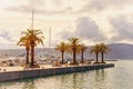 Yacht marina, beautiful Mediterranean landscape in warm colors. Montenegro, Tivat city. Porto Montenegro marina view