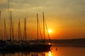 Yacht masts against the background of the rising sun.