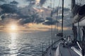 Yacht in the Mediterranean Sea at sunset. Cala Saona in Formentera, Balearic Islands. Spain Royalty Free Stock Photo