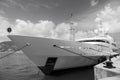 Yacht moored in philipsburg, sint maarten. Ship on sea pier on cloudy blue sky. Luxury travel on yacht, wanderlust Royalty Free Stock Photo