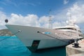 Yacht moored in philipsburg, sint maarten. Ship on sea pier on cloudy blue sky. Luxury travel on yacht, wanderlust. Summer vacatio Royalty Free Stock Photo