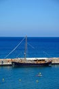 Yacht moored in small harbour, Agios Nikolaos.