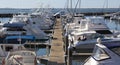 Yacht or motor boat moored at marina. Nelson Bay. Royalty Free Stock Photo