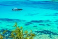 Yacht in paradise bay of Seychelles, Praslin Royalty Free Stock Photo