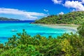 Yacht in paradise bay of Seychelles, Praslin Royalty Free Stock Photo