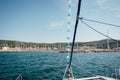 Yacht parking in harbor, harbor yacht club in Marina di Scarlino, Italy. View from the approaching yacht