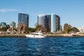 Yacht Passes by Embarcadero and Waterfront Hotels Royalty Free Stock Photo